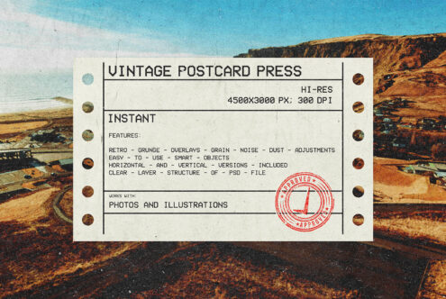 Vintage postcard template mockup featuring retro grunge overlays and texture effects. Includes high-res PSD file. Ideal for designers seeking unique graphics.