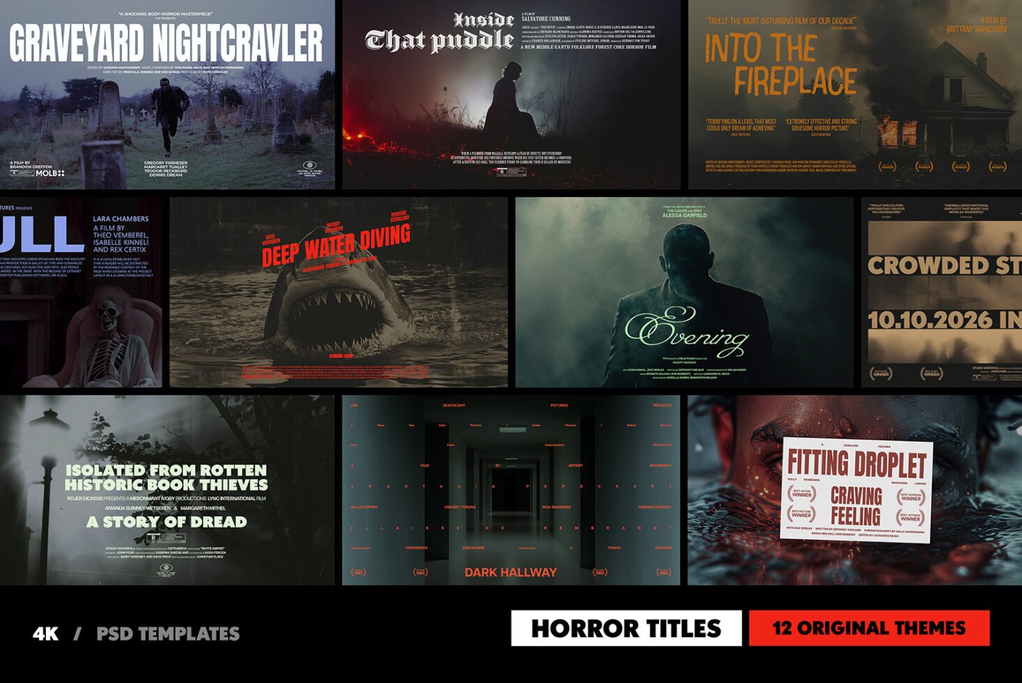 Horror-themed PSD templates showcasing 12 original designs including graveyards and dark hallways perfect for designers seeking chilling graphics and mockups.