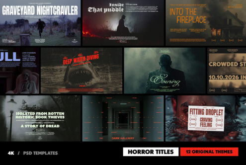 Horror-themed PSD templates showcasing 12 original designs including graveyards and dark hallways perfect for designers seeking chilling graphics and mockups.