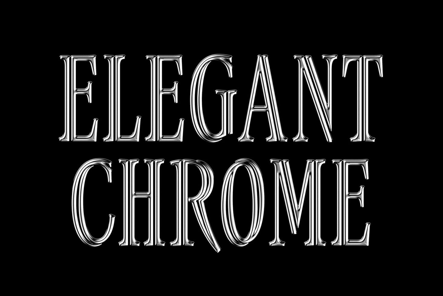 Chrome text effect reads Elegant Chrome on a black background. High-quality font graphic for designers seeking premium typography assets mockups.