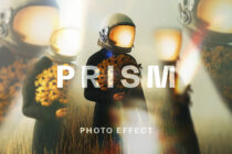 Figure in astronaut helmet holding flowers with glowing bokeh background displaying PRISM text