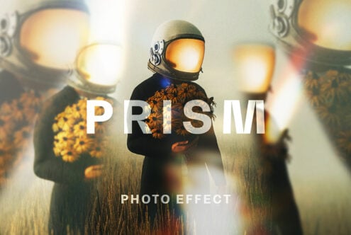 Abstract photo effect featuring an astronaut holding flowers with a prism overlay. Ideal for graphic design templates, digital art projects, creative assets.