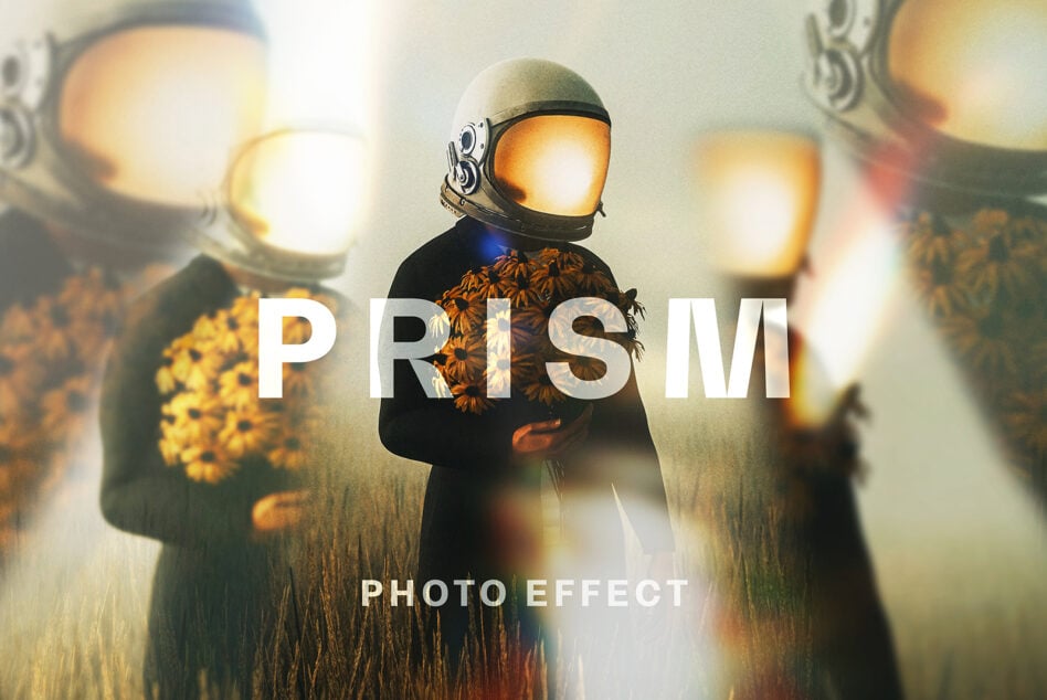 Abstract photo effect featuring an astronaut holding flowers with a prism overlay. Ideal for graphic design templates, digital art projects, creative assets.