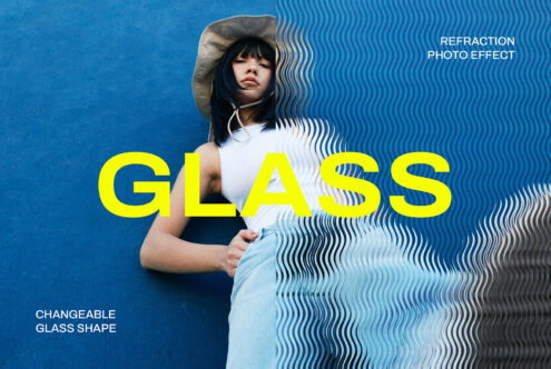 Glass refraction photo effect mockup for designers featuring a model with abstract glass distortion over blue background creative graphic design asset
