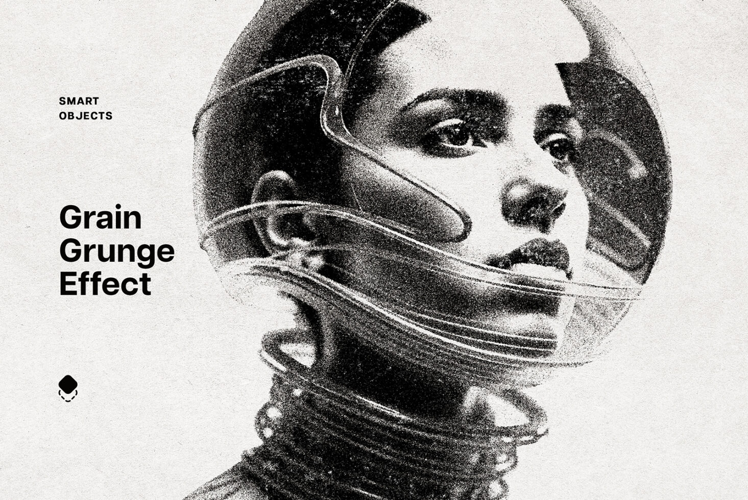 Grain grunge effect template featuring a futuristic woman in space helmet. Ideal for graphic designers seeking unique textures and smart objects for mockups.