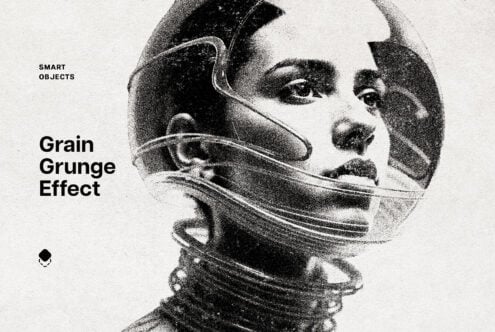 Grain grunge effect template featuring a futuristic woman in space helmet. Ideal for graphic designers seeking unique textures and smart objects for mockups.