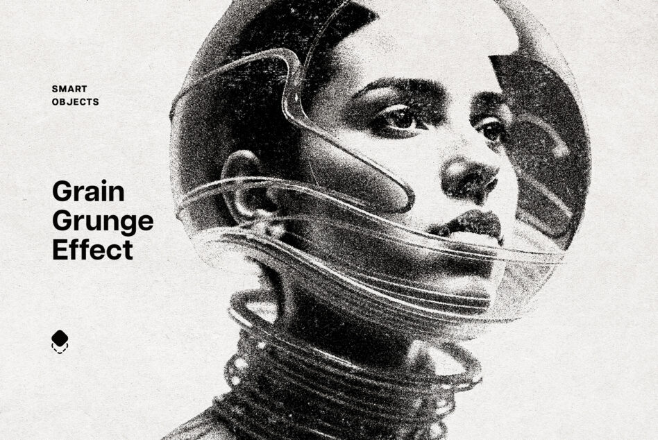 Grainy halftone portrait with bold text overlay, experimental editorial layout