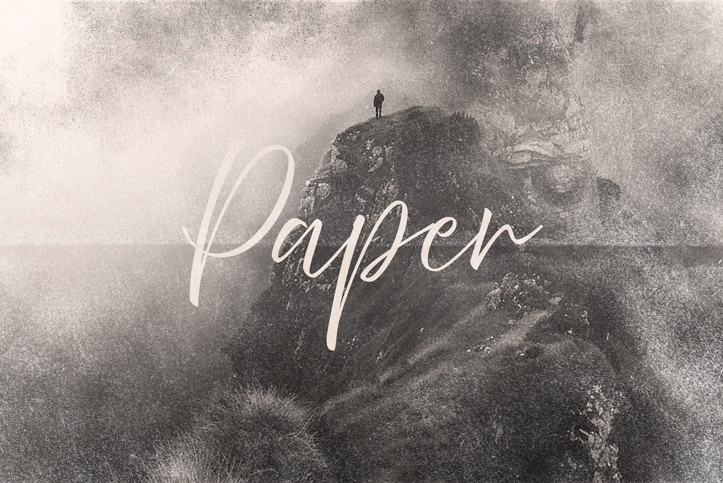 Vintage paper texture design with a silhouette person on a misty mountain. Ideal for graphic templates and backgrounds. Keywords: paper, texture, vintage.
