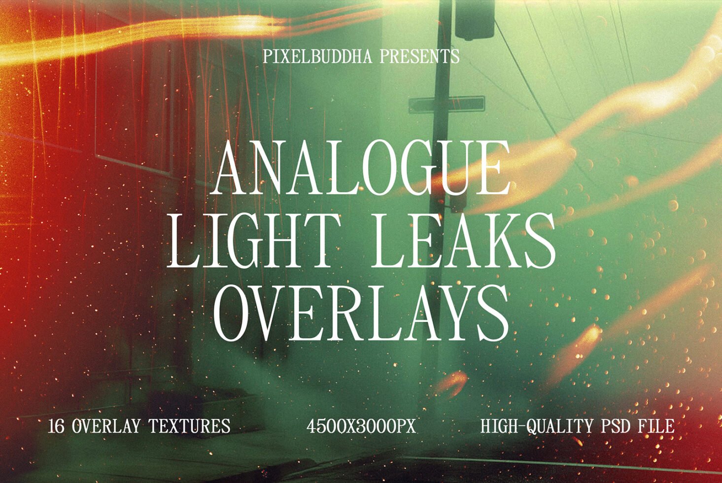 Analogue light leaks overlays with vintage textures for designers. High-quality PSD file with 16 overlay textures. Ideal for graphics and mockups.