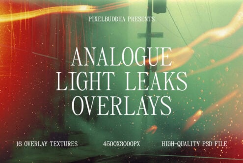 Analogue light leaks overlays in PSD for designers. Includes 16 overlay textures sized 4500x3000px. Ideal for graphics and templates.