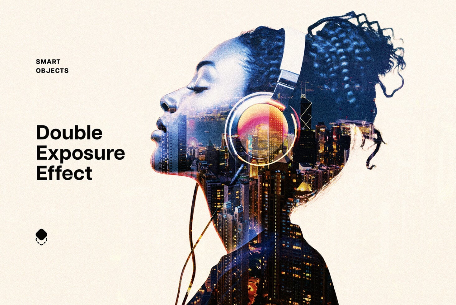 Profile of person with cityscape, headphones, magnifying glass blended inside head shape