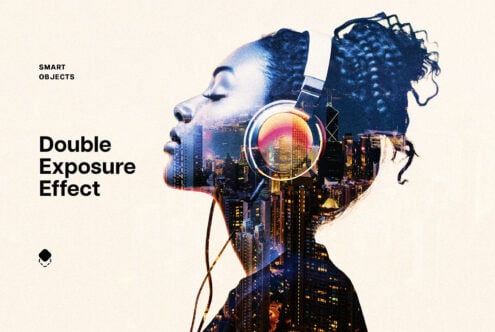 Double exposure effect of a woman with headphones and an urban cityscape. Ideal for designers seeking creative templates and graphic design assets.