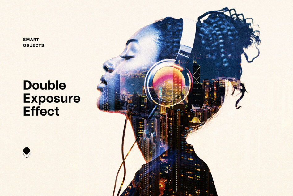 Profile of person with cityscape, headphones, magnifying glass blended inside head shape