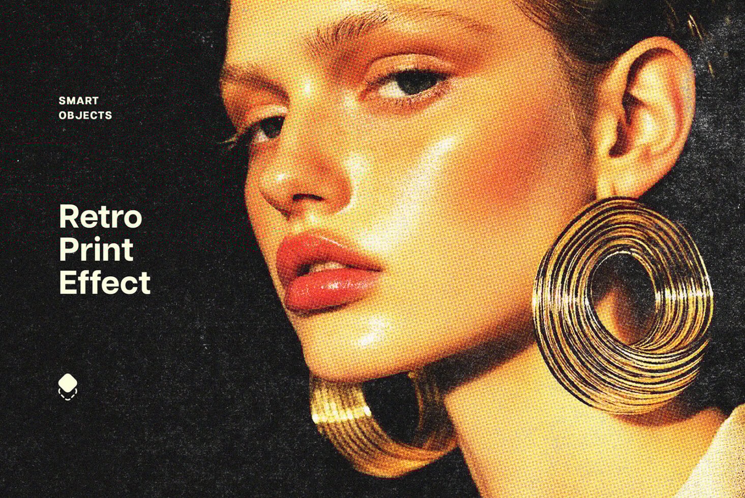 Retro print effect graphic featuring a close-up of a woman with large gold hoop earrings. Perfect for mockups and design projects. Editable smart objects.