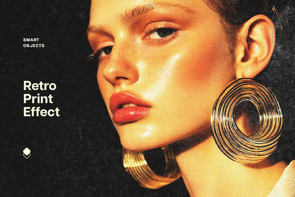 Woman's face with halftone dots, gold geometric earrings, black background