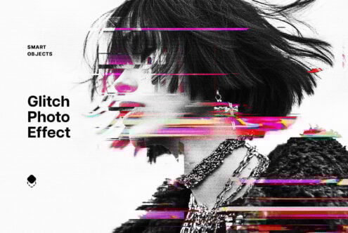Glitch photo effect template for designers featuring vibrant distortion lines smart objects and modern digital aesthetic perfect for creative projects.