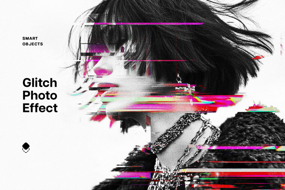 Portrait girl with black hair chromatic aberration effect in neon colors