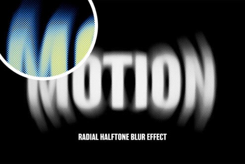 Radial halftone blur effect word Motion. Graphic design overlay with blue and yellow detail. Ideal for digital mockups and typography templates.