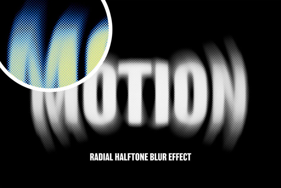 Radial halftone blur effect word Motion. Graphic design overlay with blue and yellow detail. Ideal for digital mockups and typography templates.
