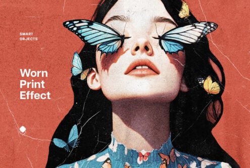 Artistic graphic of a woman with butterfly effect over eyes and worn print texture. Perfect for creative mockups and design inspiration.