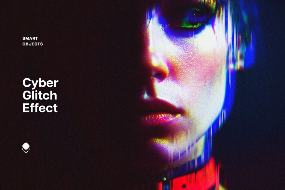 Close-up face with neon glow, glitch lines, multicolor light effects, retro digital aesthetic