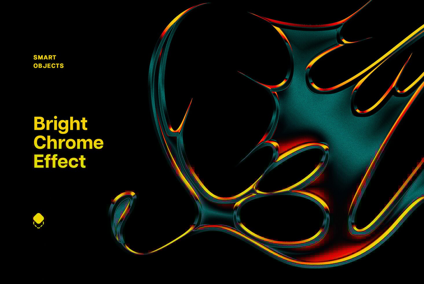Abstract Chrome Effect Design in bold colors on black background, ideal for designers seeking graphic assets, smart objects, vibrant digital templates.