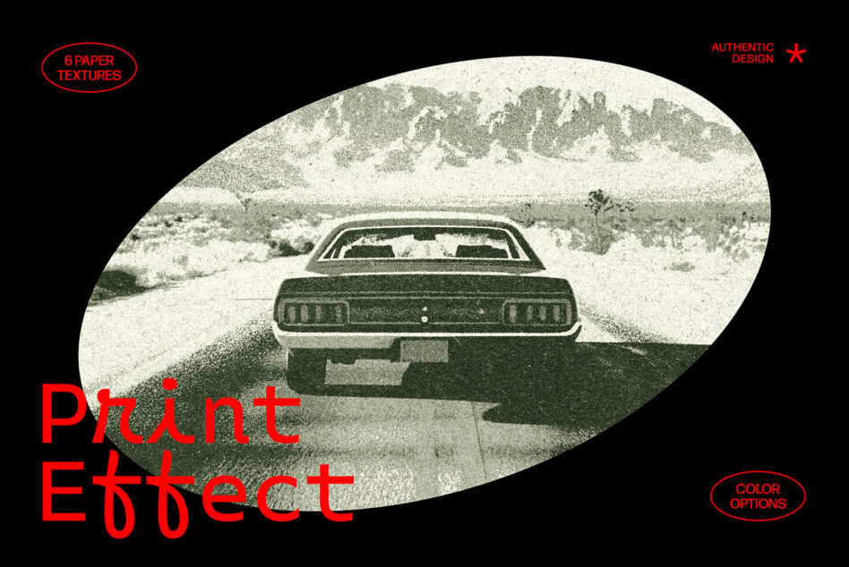 Oval framed vintage car in desert with paper texture overlay effect