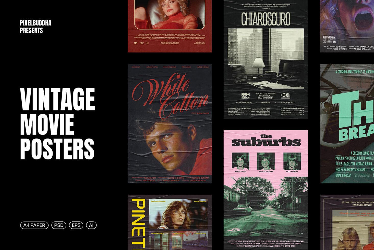 Vintage movie posters collection with retro design ideal for designers. Includes A4 paper, PSD, EPS, AI formats. Perfect for creative projects.