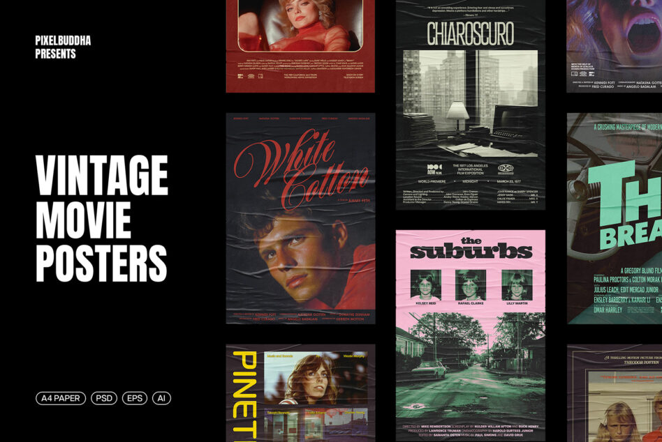 Vintage movie posters collection with retro design ideal for designers. Includes A4 paper, PSD, EPS, AI formats. Perfect for creative projects.
