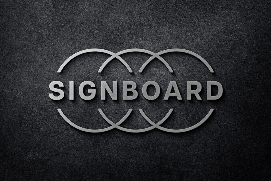 3D embossed signboard with interlocking arcs above centered text on dark texture