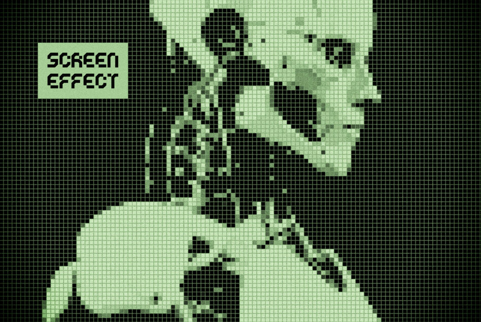 Pixelated cyberpunk skull illustration with grid screen effect. Suitable for designers in graphics category. Futuristic and tech-inspired art.