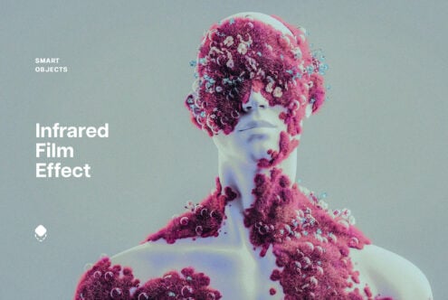 Surreal digital graphic showcasing a mannequin covered in vibrant pink infrared-inspired flowers ideal for design templates creative mockups and artistic projects.