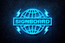 Bright blue neon globe icon with lightning bolts framing Signboard text