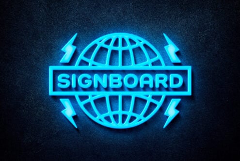Neon signboard mockup in vibrant blue tones featuring a globe and lightning bolts digital assets for graphic designers SEO template marketplace