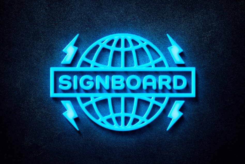 Neon signboard mockup in vibrant blue tones featuring a globe and lightning bolts digital assets for graphic designers SEO template marketplace