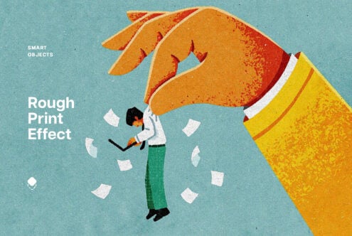 Illustrated vintage-style design featuring a large hand holding a man with a laptop surrounded by flying papers. Rough print effect. Ideal for mockups.