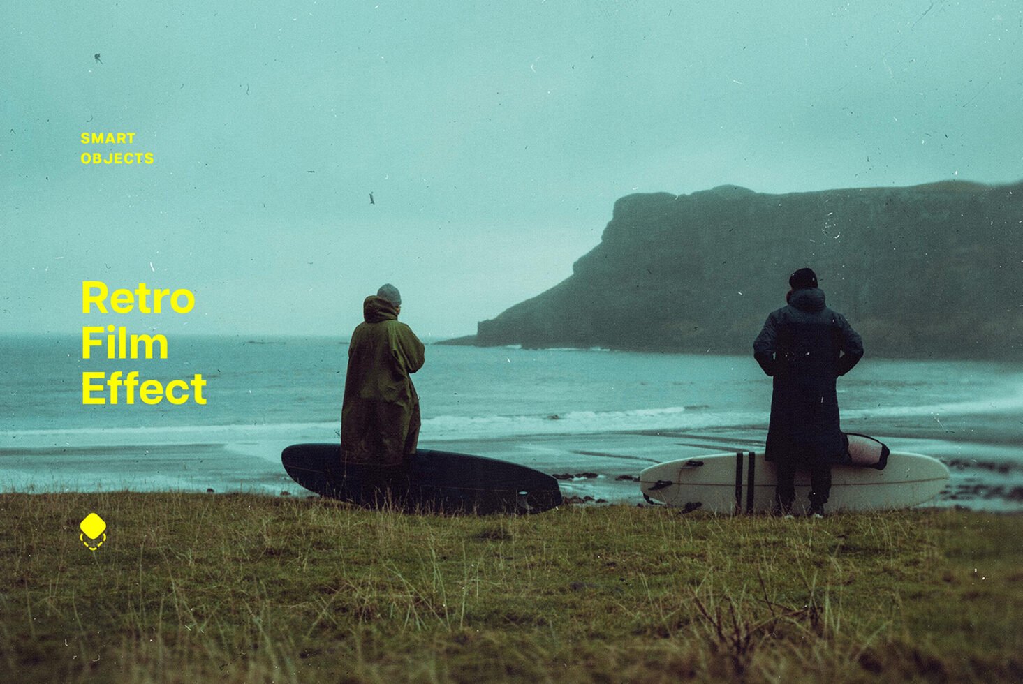 Retro film effect image with two people by the beach holding surfboards. Vintage style photo perfect for designers seeking unique graphic elements.