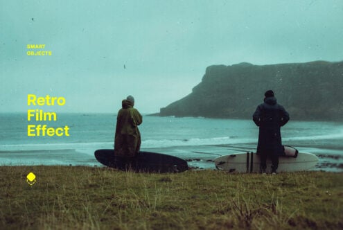 Retro film effect image with two people by the beach holding surfboards. Vintage style photo perfect for designers seeking unique graphic elements.