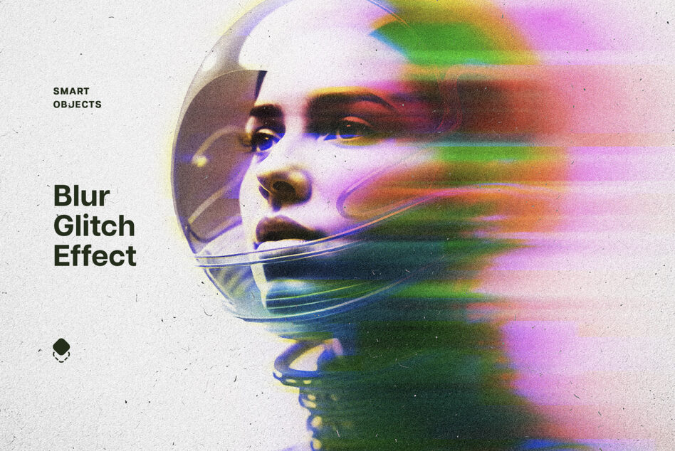Portrait with circular prism overlay creating rainbow light streaks across face, blur glitch effect label