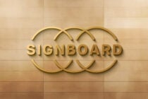 Signboard mockup with golden letters on textured beige wall background for branding presentations, ideal for designers seeking signage templates