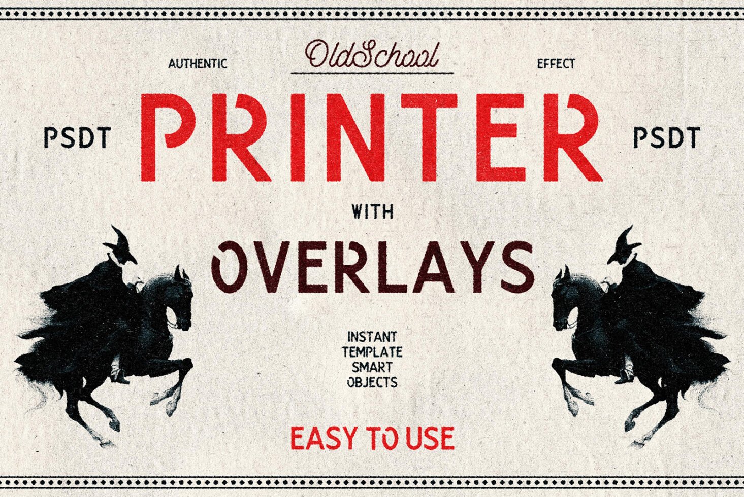 Old-school printer effect template with overlays featuring vintage graphics. Instant PSDT design for designers. Easy-to-use smart objects included.