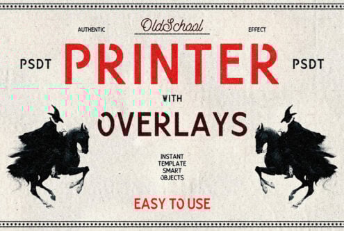 Old-school printer effect template with overlays featuring vintage graphics. Instant PSDT design for designers. Easy-to-use smart objects included.