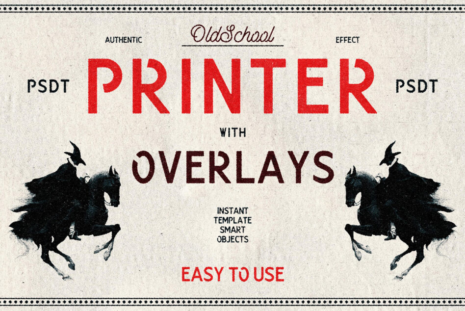Old school printer effect mockup template with red text black horses