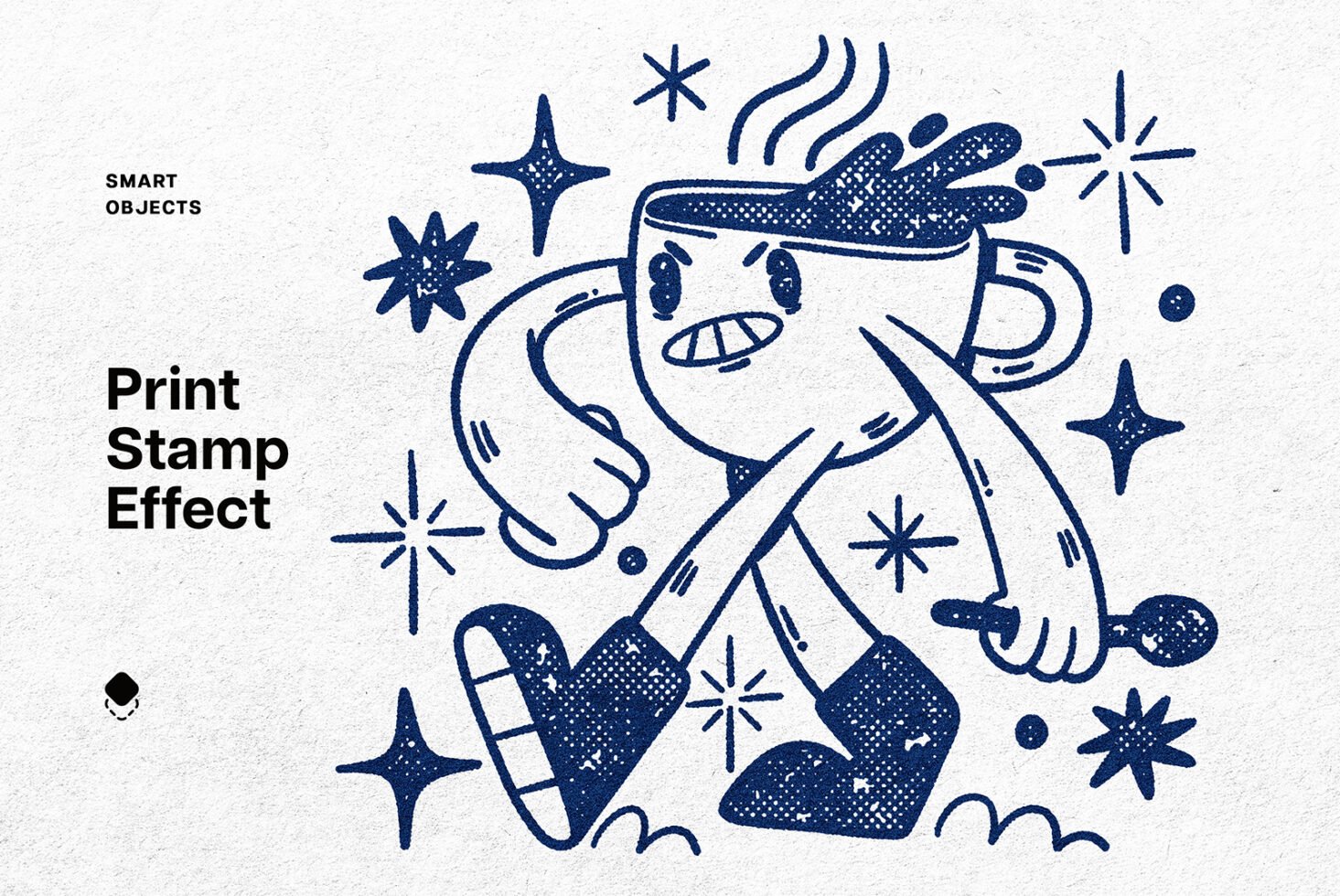 Retro illustration of a walking coffee cup character with expressive face, stars, smart objects, print stamp effect. Suitable for graphics or templates.