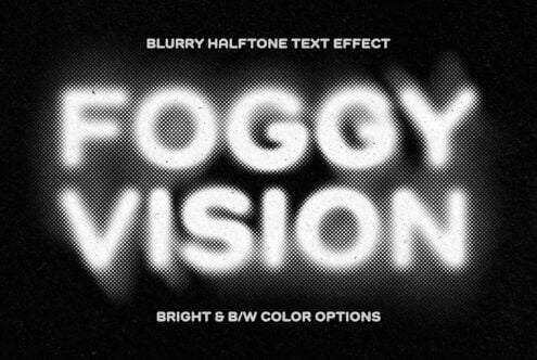 Blurry halftone text effect featuring the words Foggy Vision in bold white letters on black background. Ideal for graphic designers seeking unique effects.