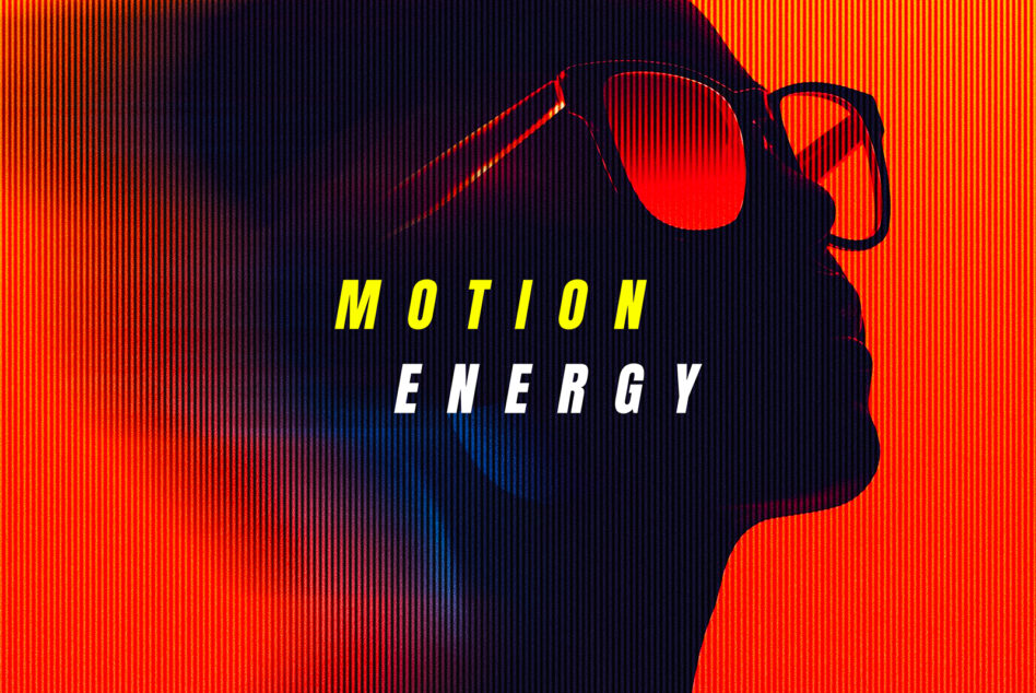 Side profile with red sunglasses over orange blue gradient, motion energy text