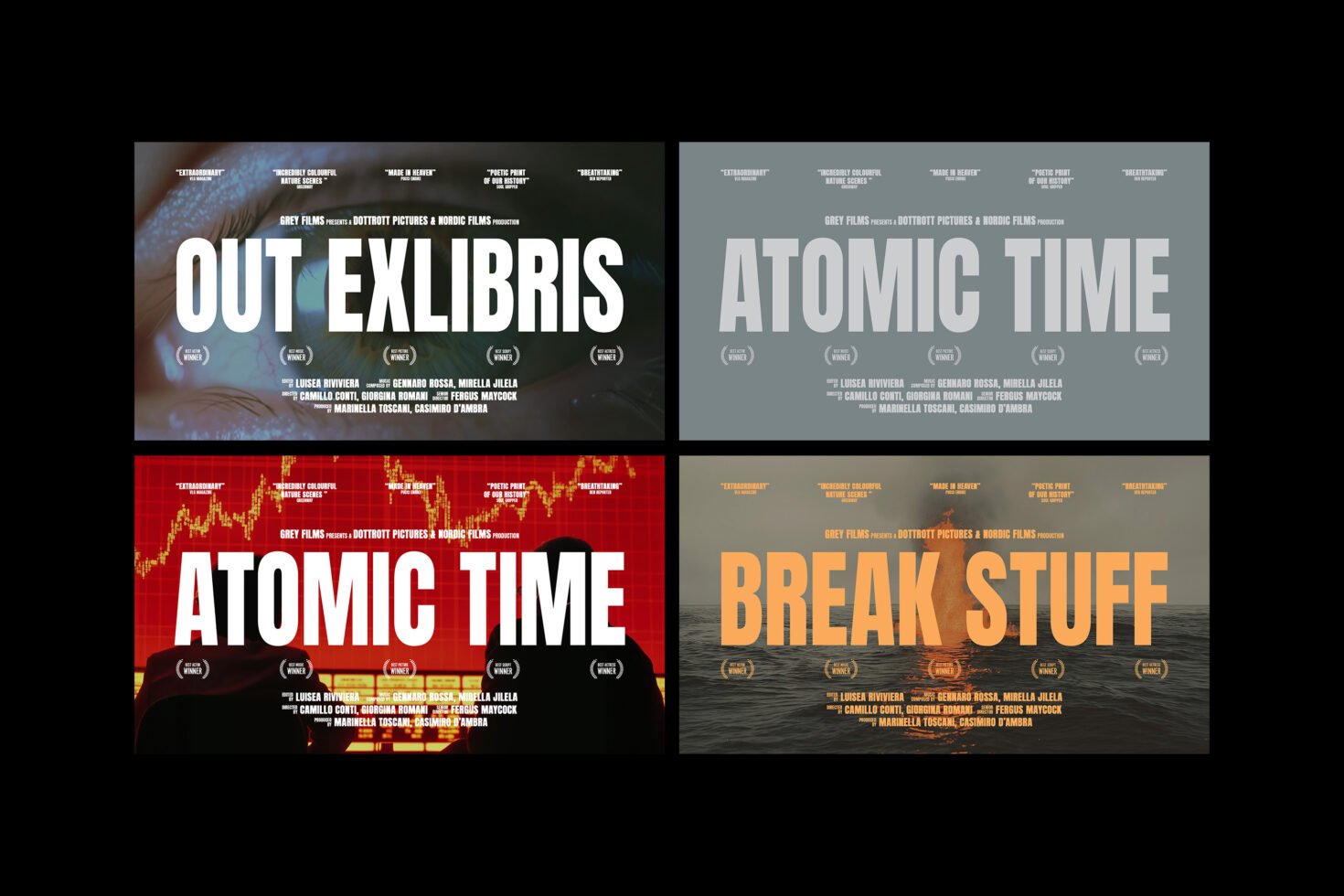 Grid layout with four film posters titled Out Exlibris Atomic Time Break Stuff. Bold typography over diverse backgrounds. Ideal for designers seeking mockup inspiration.