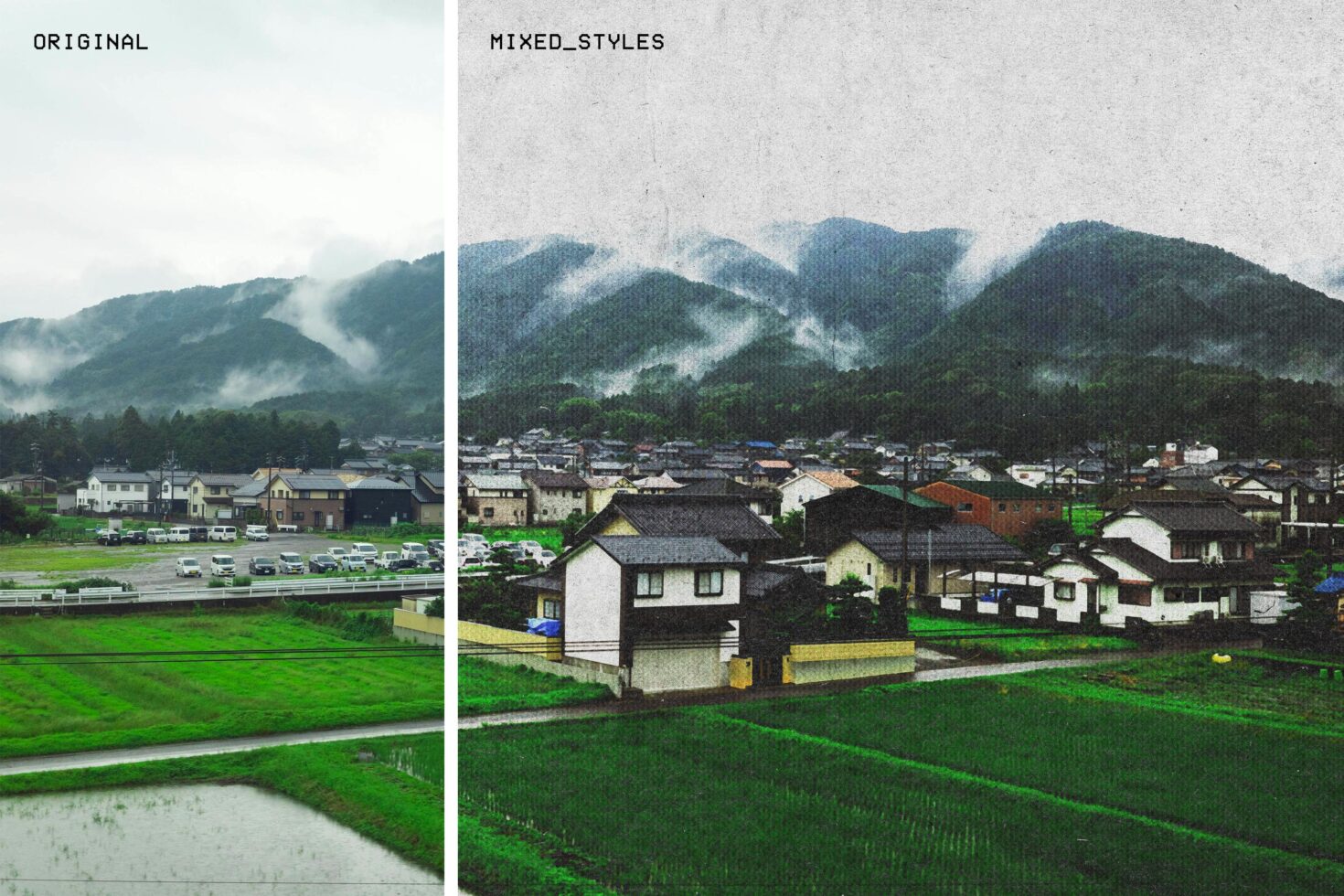 Side-by-side landscape photo of village, showcasing original and textured styles. Ideal for graphic designers seeking nature and texture inspirations.