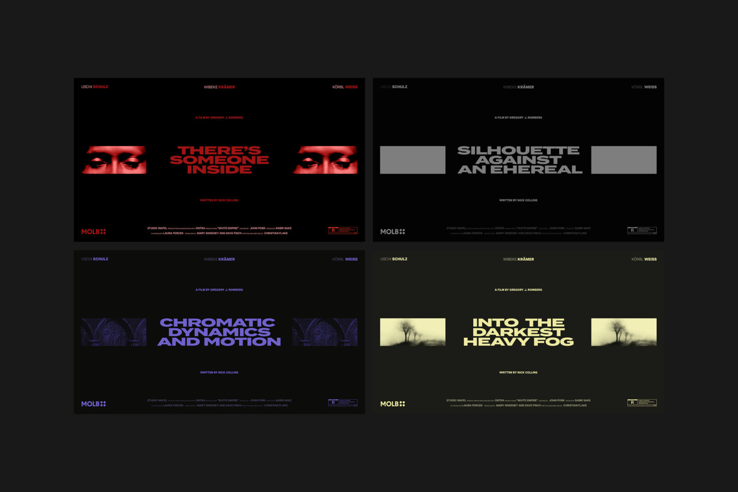 Dark movie poster mockups with text overlays in various styles for graphic designers. Keywords: graphic, mockups, posters, film, typography, templates.