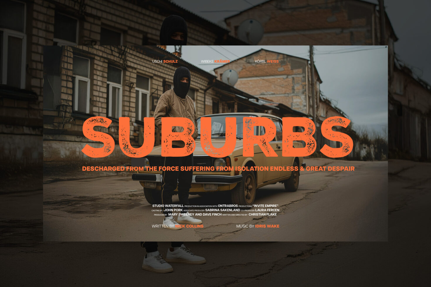 Urban film poster with bold textured typography Suburbs overlaying a street scene featuring a masked figure near a car. Ideal for designers' mockups.